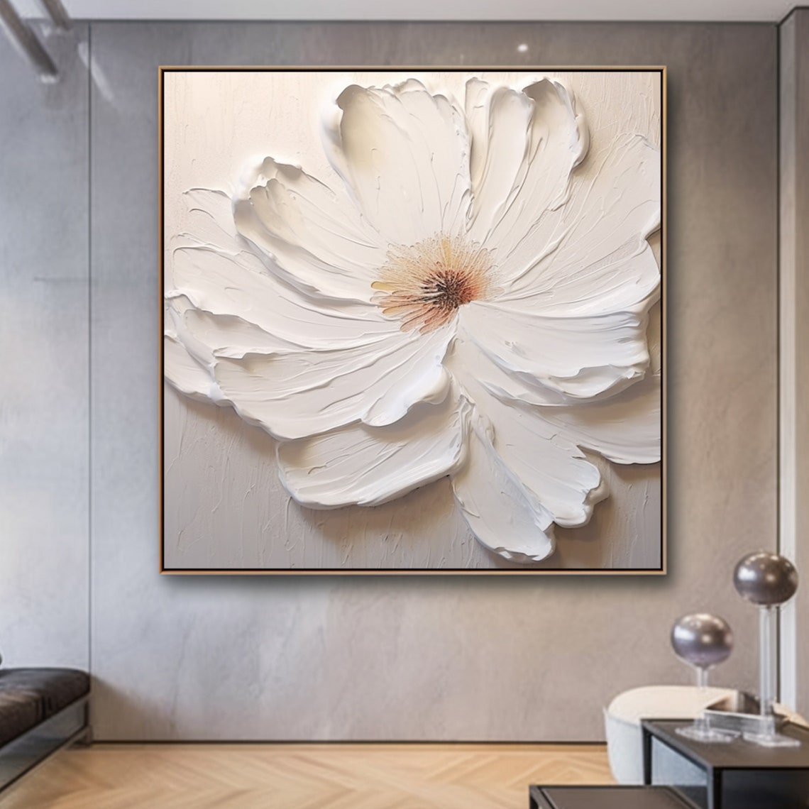 Sculptural Large White 3D Impasto Flower Textured Floral Art Poster - Image 3