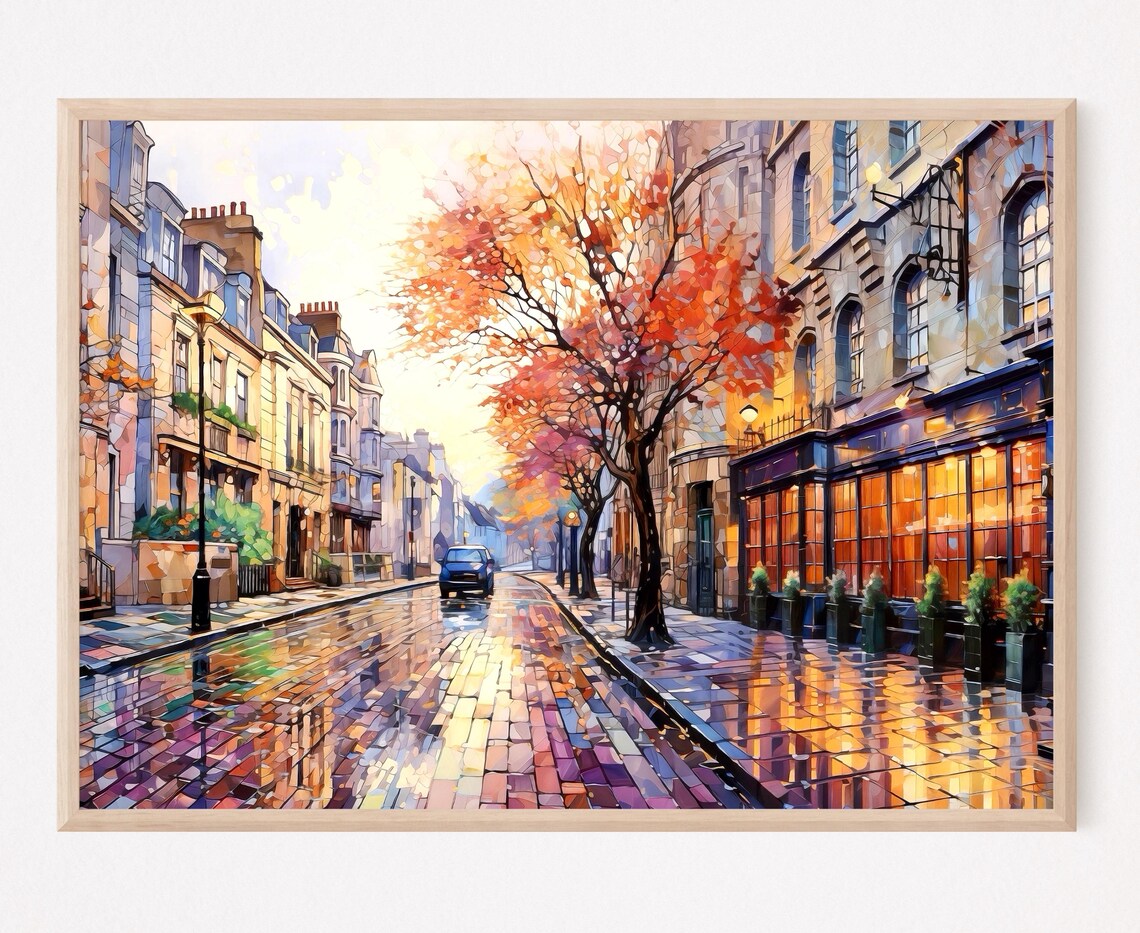 London Pub Street Autumn Rain Wet Reflections Evening Poster