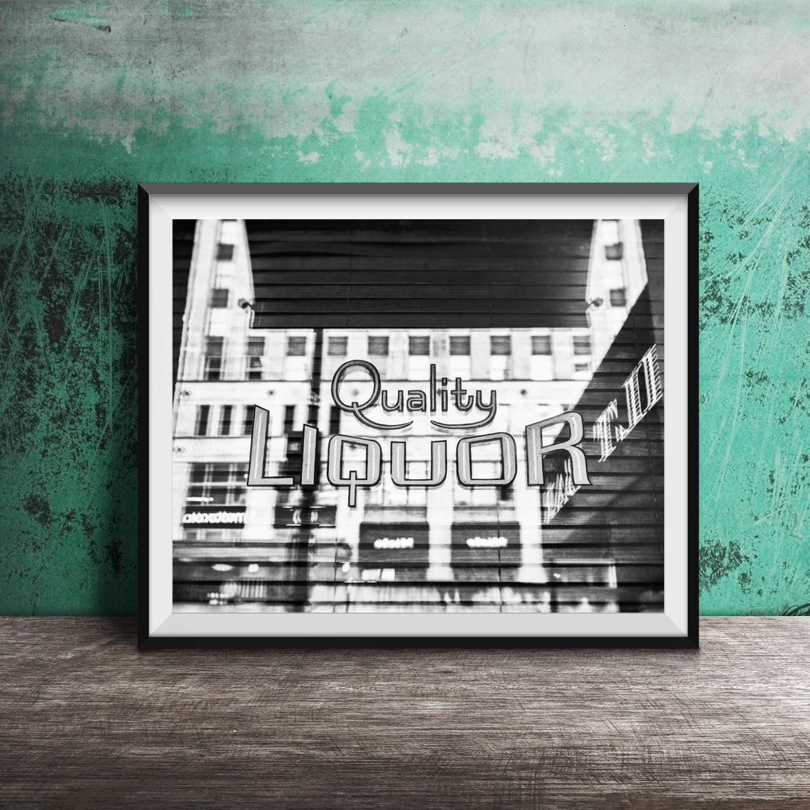Quality Liquor Gold Script Window Sign with City Reflection Poster - Image 2