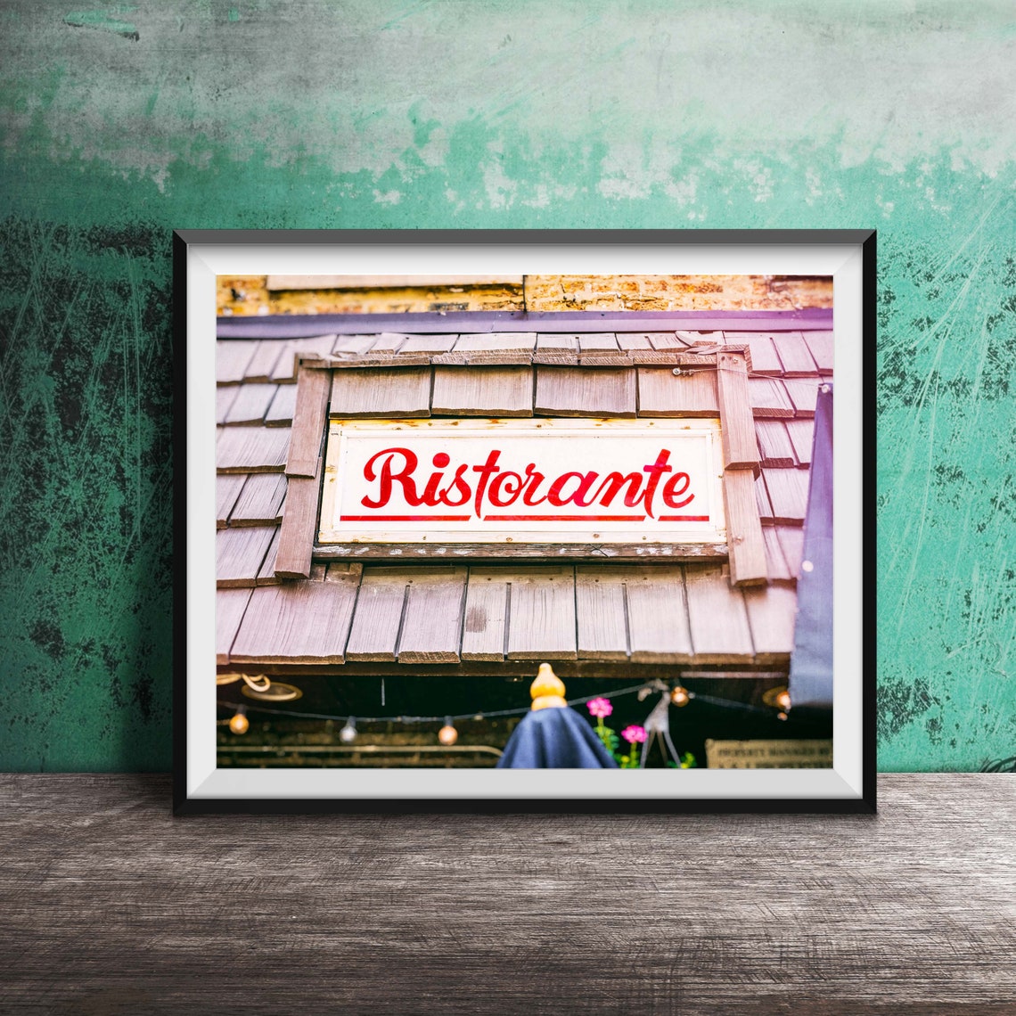 Ristorante Red Script Sign On Rustic Weathered Wood Shingles Poster