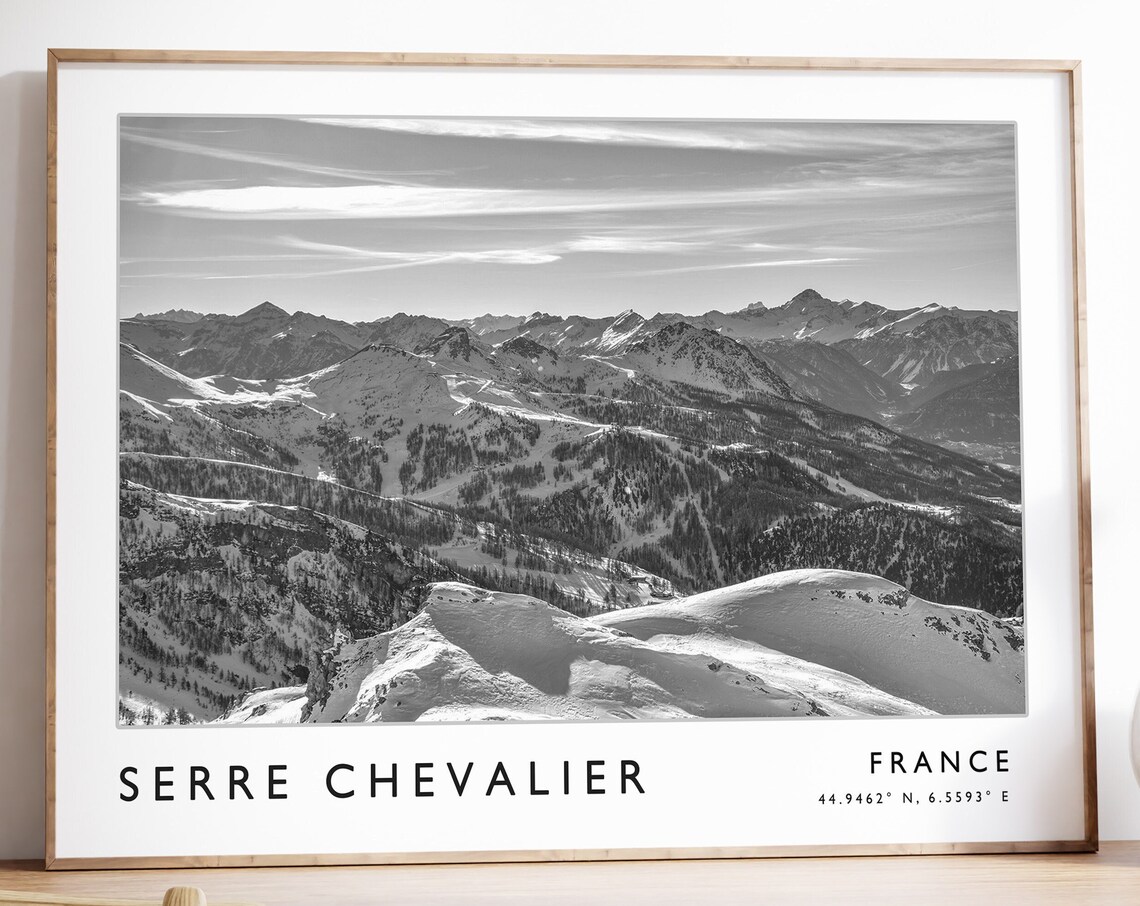 Serre Chevalier France Snowy Alpine Panorama Black and White Poster