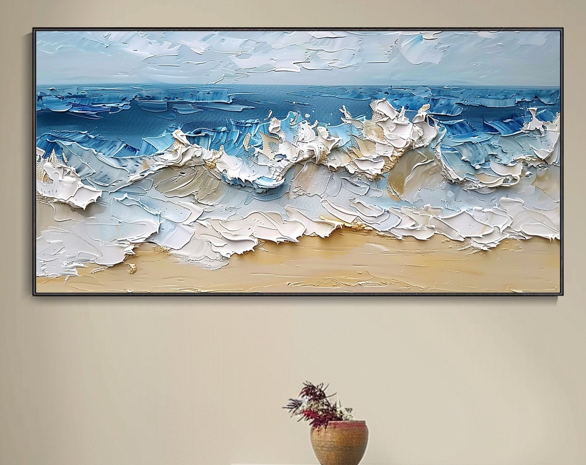 Crashing Blue Ocean Waves White Foam Sandy Beach Impasto Wall Art