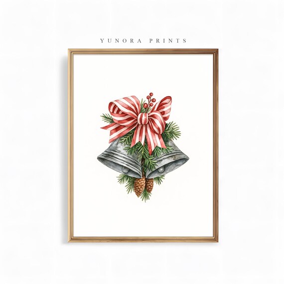 Christmas Bells Watercolor Red Bow Pinecones Festive Holiday Print