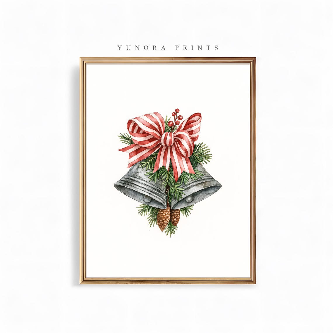 Christmas Bells Watercolor Red Bow Pinecones Festive Holiday Print