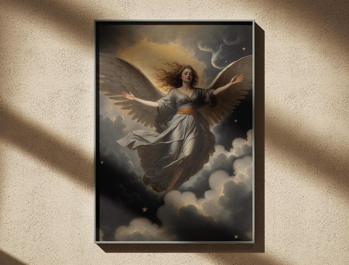 Angel with Spread Wings Heavenly Clouds Baroque Celestial Poster