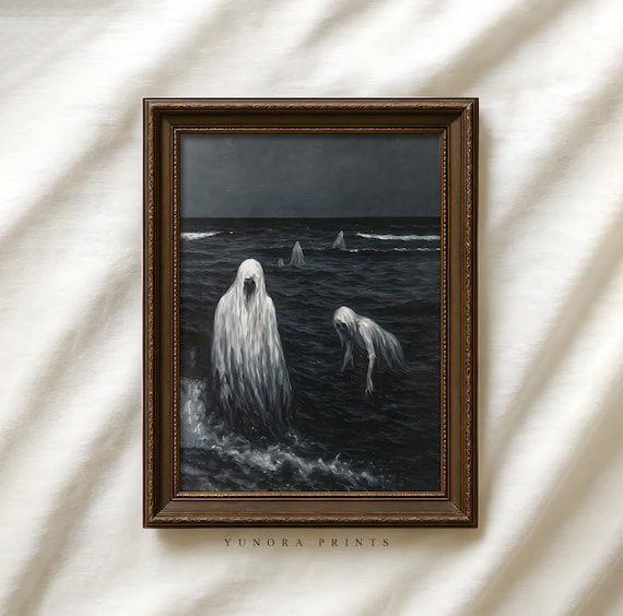 Haunted Ghosts At Sea Print Spooky Ocean Spirits Halloween Wall Decor Eerie Art