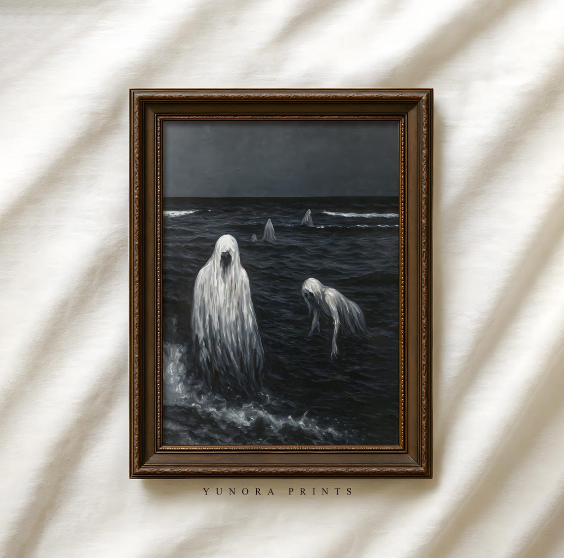Ghostly Figures Rising from Dark Ocean Waves Haunting Oil Print