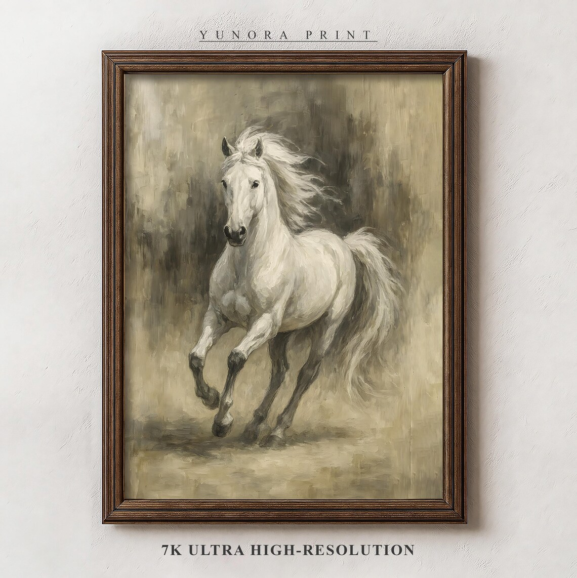White Horse Galloping Oil Painting Poster Sepia Stallion In Motion