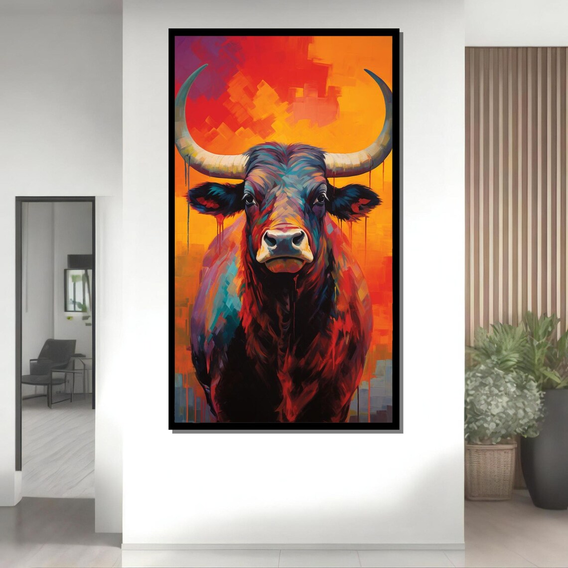 Colorful Longhorn Bull Abstract Portrait Fiery Sunset Wildlife Poster - Image 4