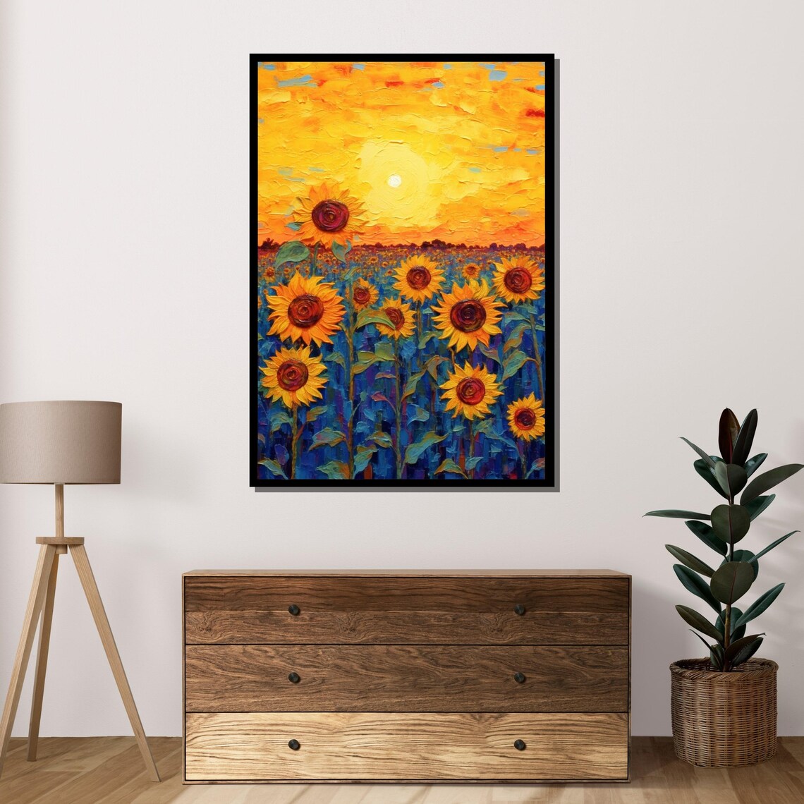 Sunflower Field Sunset Golden Hour Vibrant Impasto Floral Art Poster - Image 4