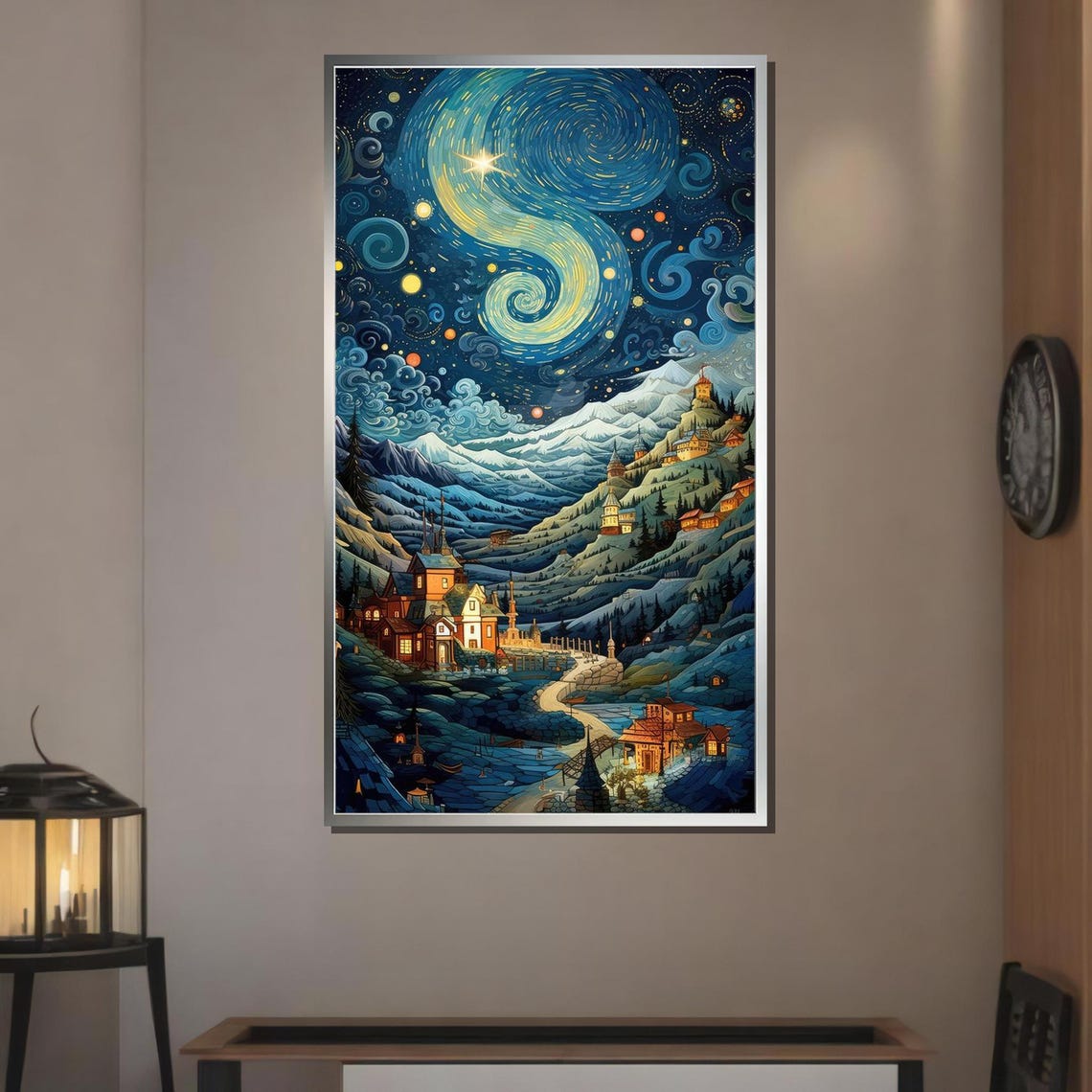 Starry Mountain Village Whimsical Night Sky Art Starry Night Print Enchanting Wall Decor Ready To Hang - Image 3
