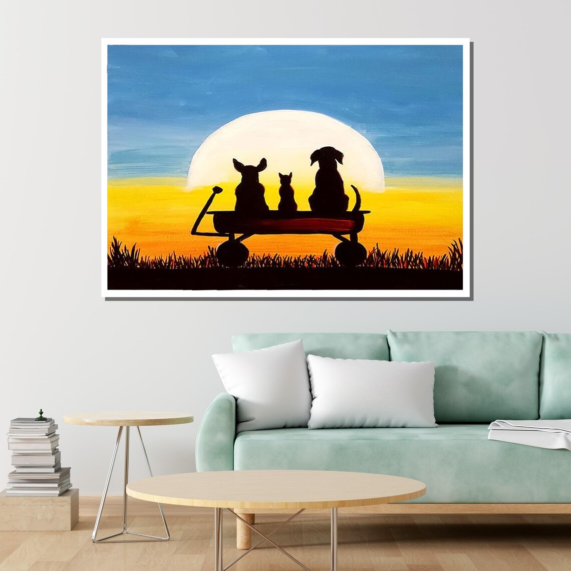 Sunset Companions Dogs And Cat Wagon Silhouette Pet Friendship Art Poster - Image 2