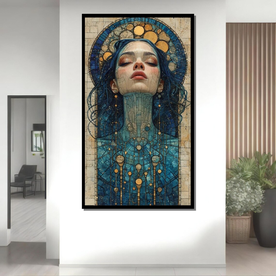 Ethereal Stained Glass Woman Blue Gold Mosaic Halo Mystical Portrait Poster - Image 4