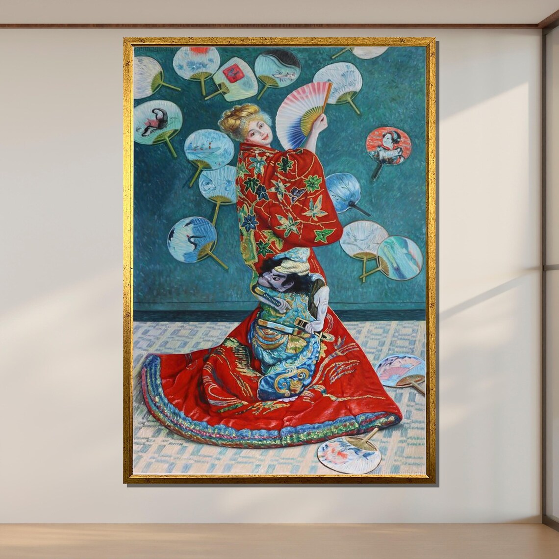 Claude Monet La Japonaise Woman In Red Kimono Fans Vintage Art Poster