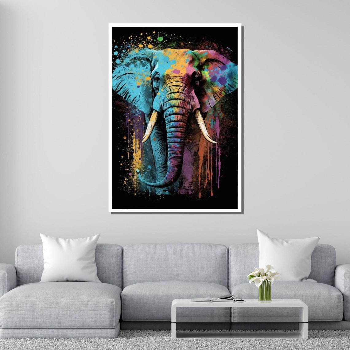 Colorful Elephant Head Paint Splatter Abstract Black Art Wall Poster - Image 2