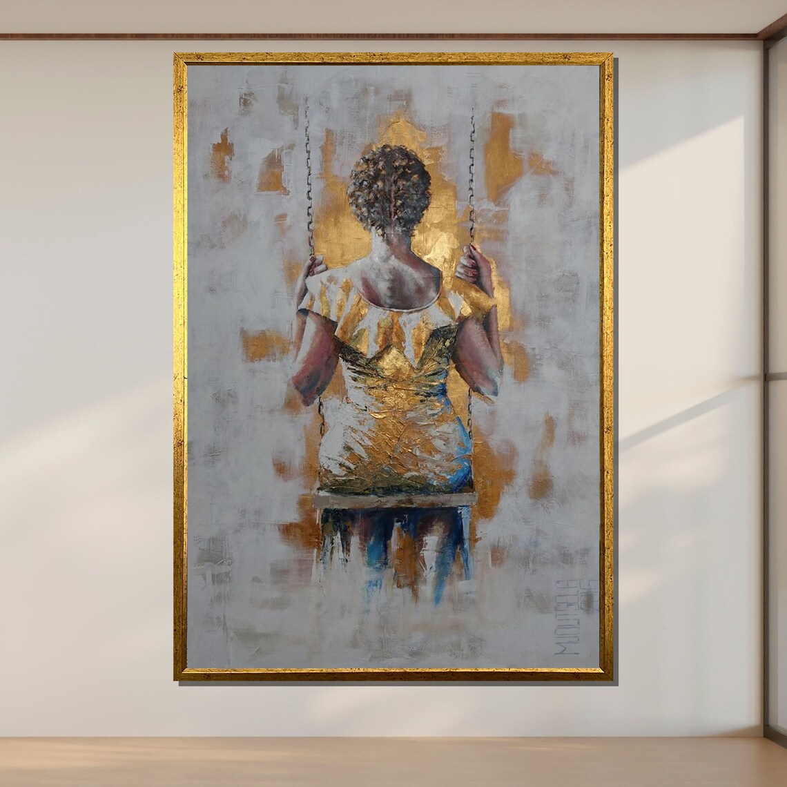 Golden Woman On Swing Elegant Back View Contemporary Art Poster - Image 2