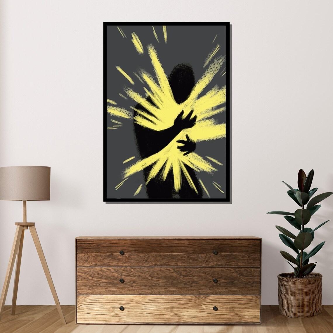 Radiant Energy Burst Human Silhouette Yellow Light Minimal Art Poster