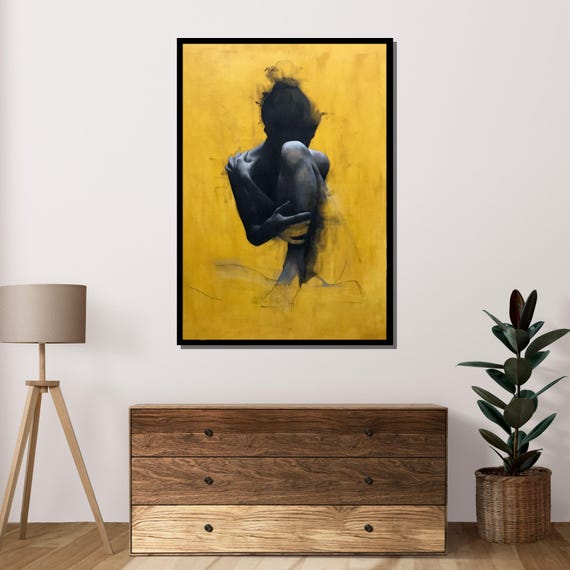 Abstract Nude Silhouette Art Yellow And Black Modern Figurative Wall Decor Ready To Hang