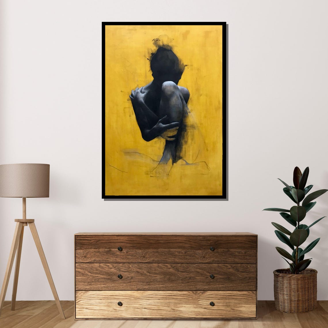 Abstract Nude Silhouette Art Yellow And Black Modern Figurative Wall Decor Ready To Hang