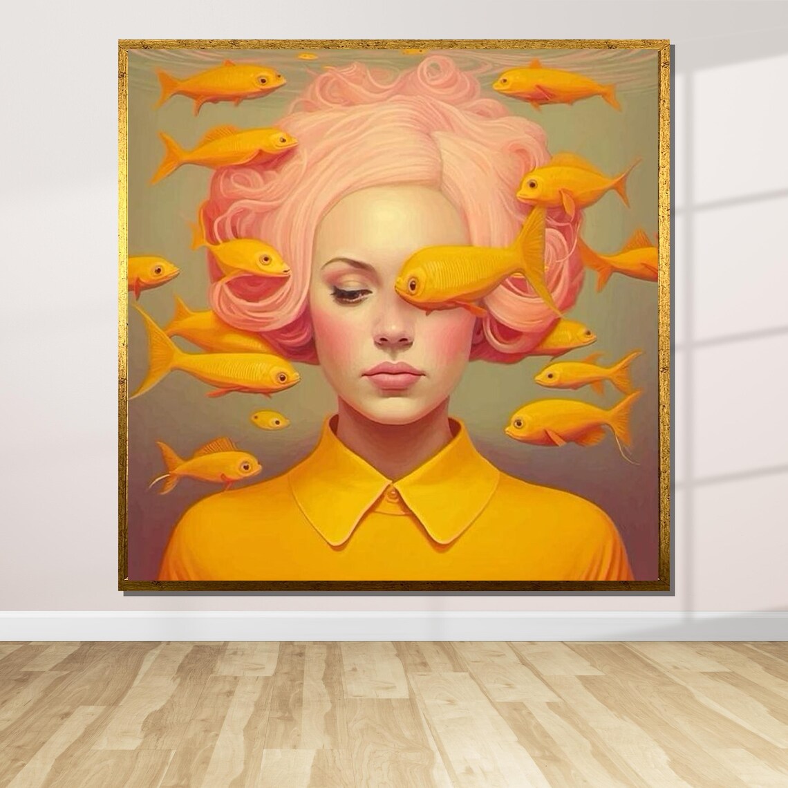 Surreal Goldfish Girl Portrait Whimsical Pink Hair Fantasy Wall Poster - Image 2