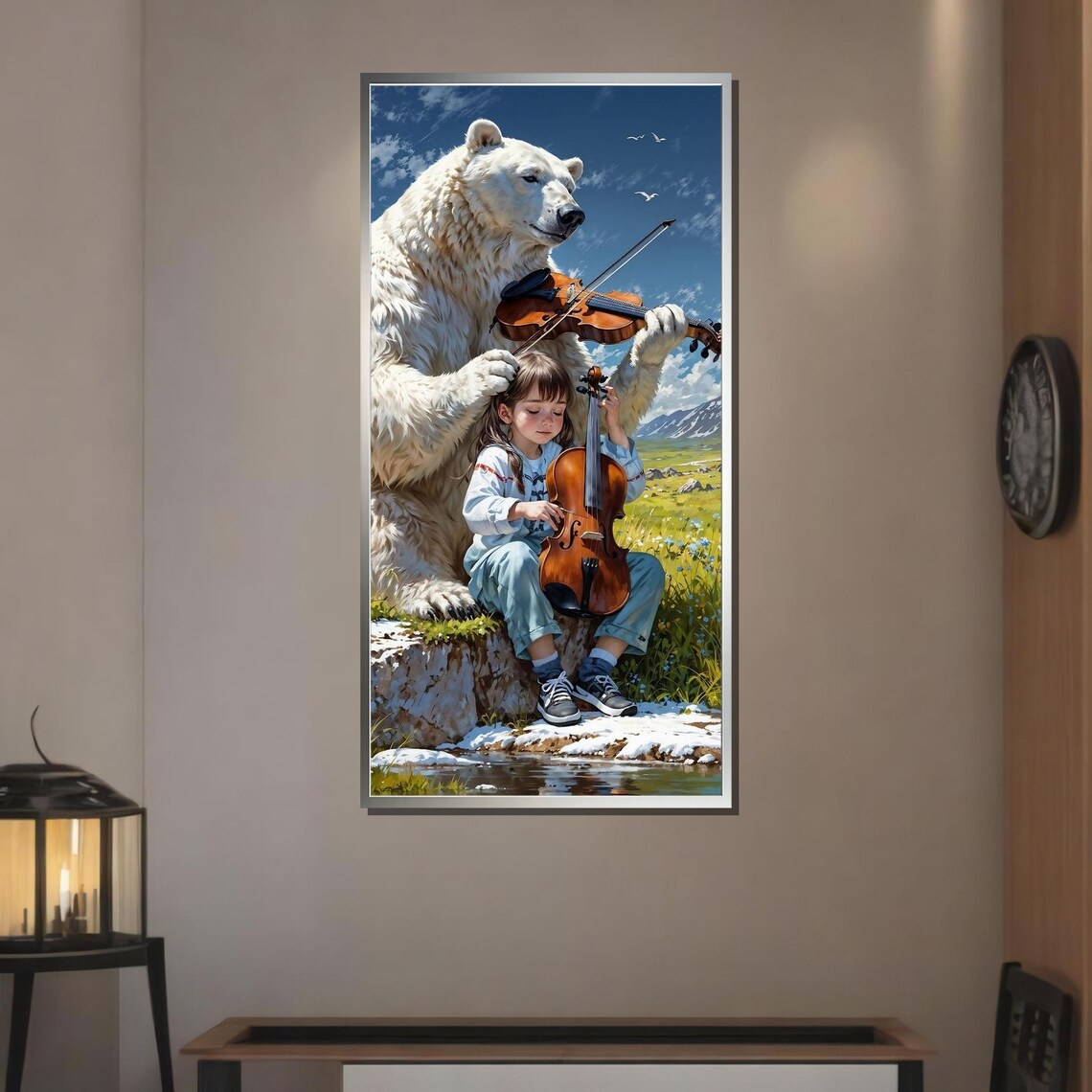 Polar Bear and Little Girl Playing Violins Whimsical Fantasy Music Art Print - Image 3
