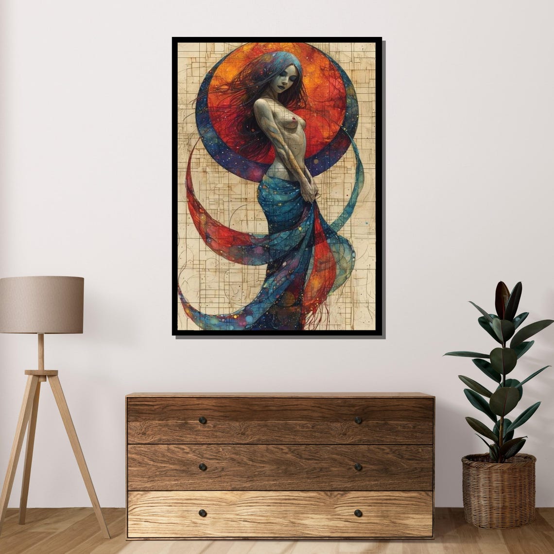 Ethereal Cosmic Goddess Swirling Red Blue Fabric Moon Dream Poster - Image 4