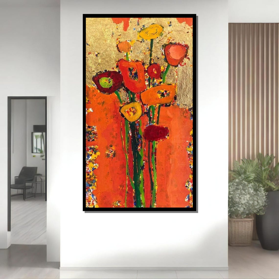 Bold Red Orange Poppy Abstract Floral Modern Gold Accent Art Print - Image 4