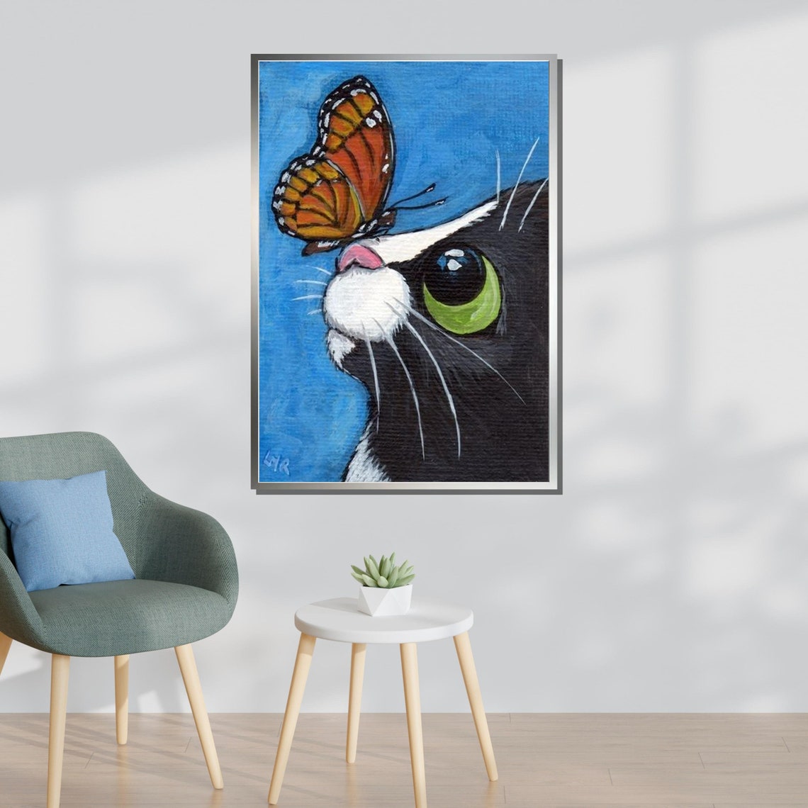 Curious Black Cat With Butterfly Whimsical Animal Portrait Poster - Image 3