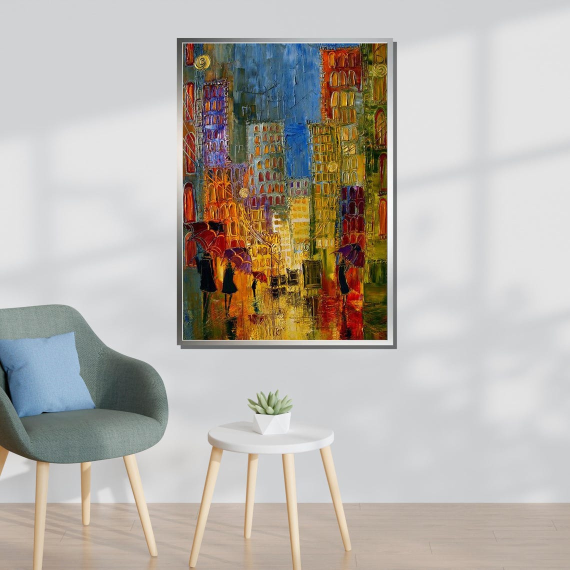 Colorful Rainy City Night Lights Abstract Cityscape Umbrella Poster - Image 3
