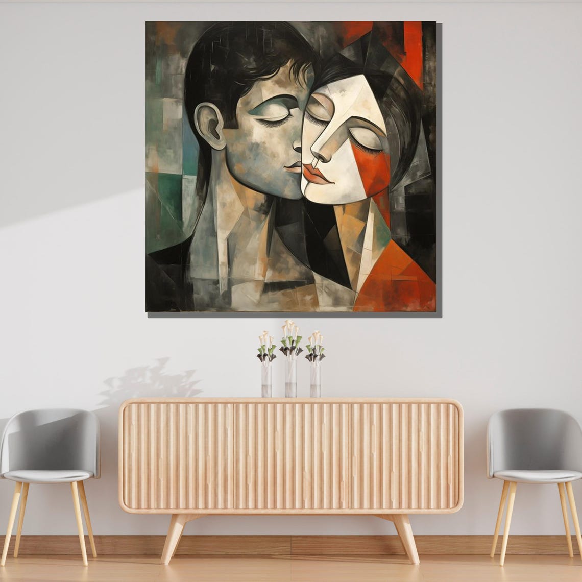Abstract Lovers Romantic Couple Art Print Modern Cubist Wall Art Geometric Love Illustration Ready To Hang Decor - Image 3
