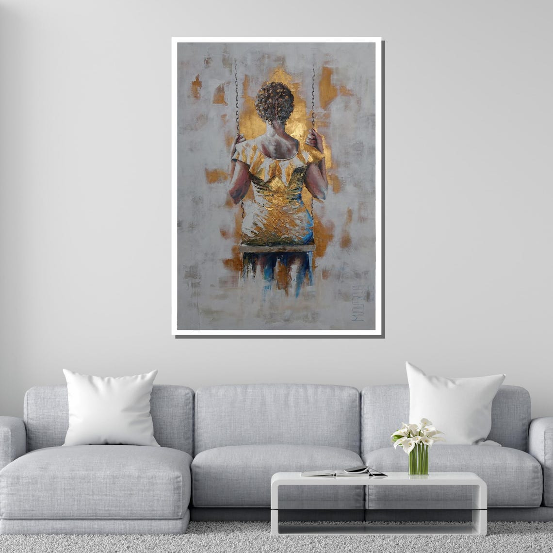 Golden Woman On Swing Elegant Back View Contemporary Art Poster - Image 4