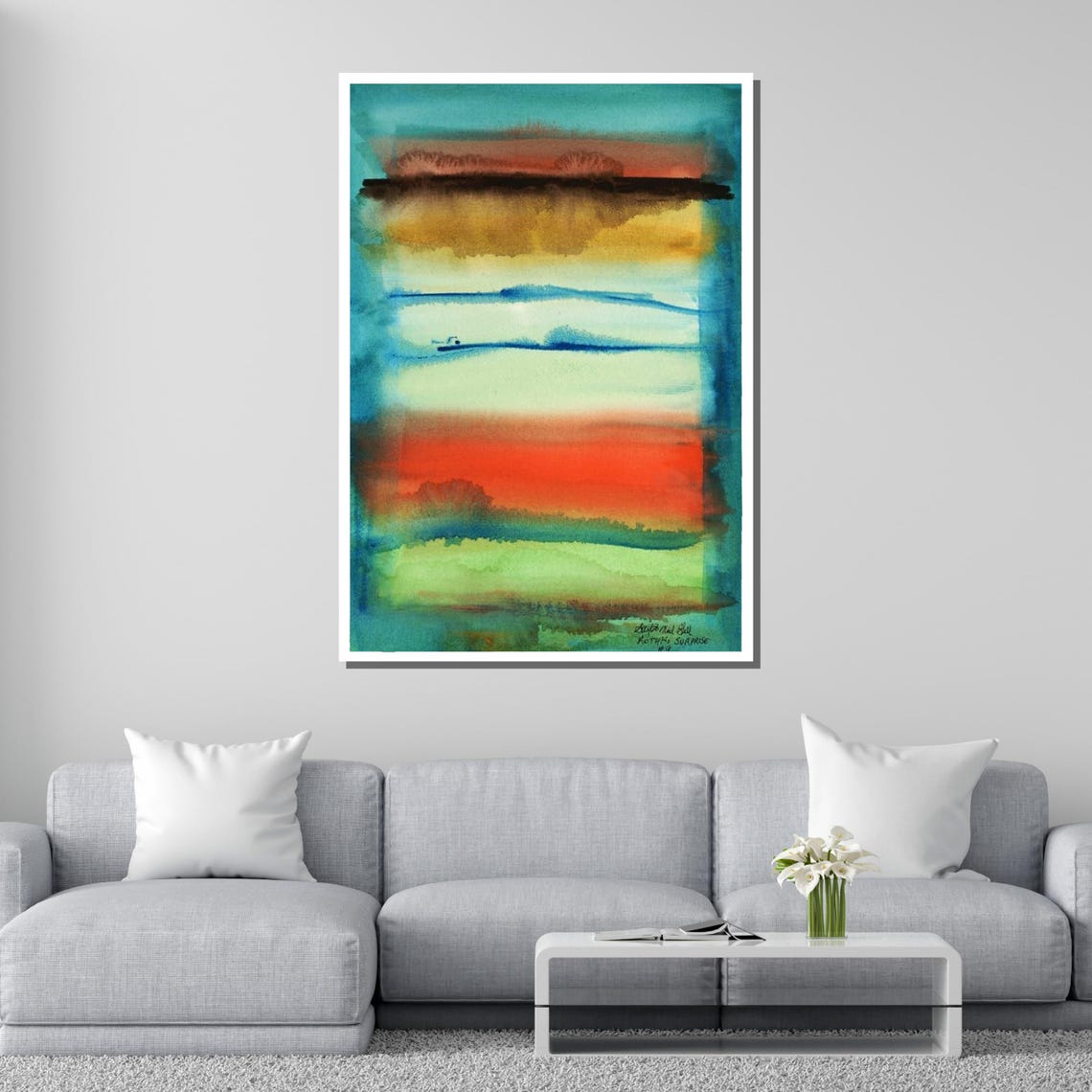 Abstract Sunrise Colorful Landscape Wall Art Modern Watercolor Print Sunset Horizon Art - Image 2