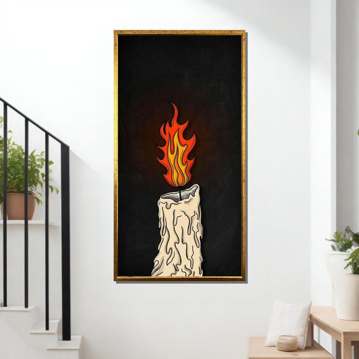 Burning Candle Dripping Wax Stylized Flame Dark Background Art Print - Image 2