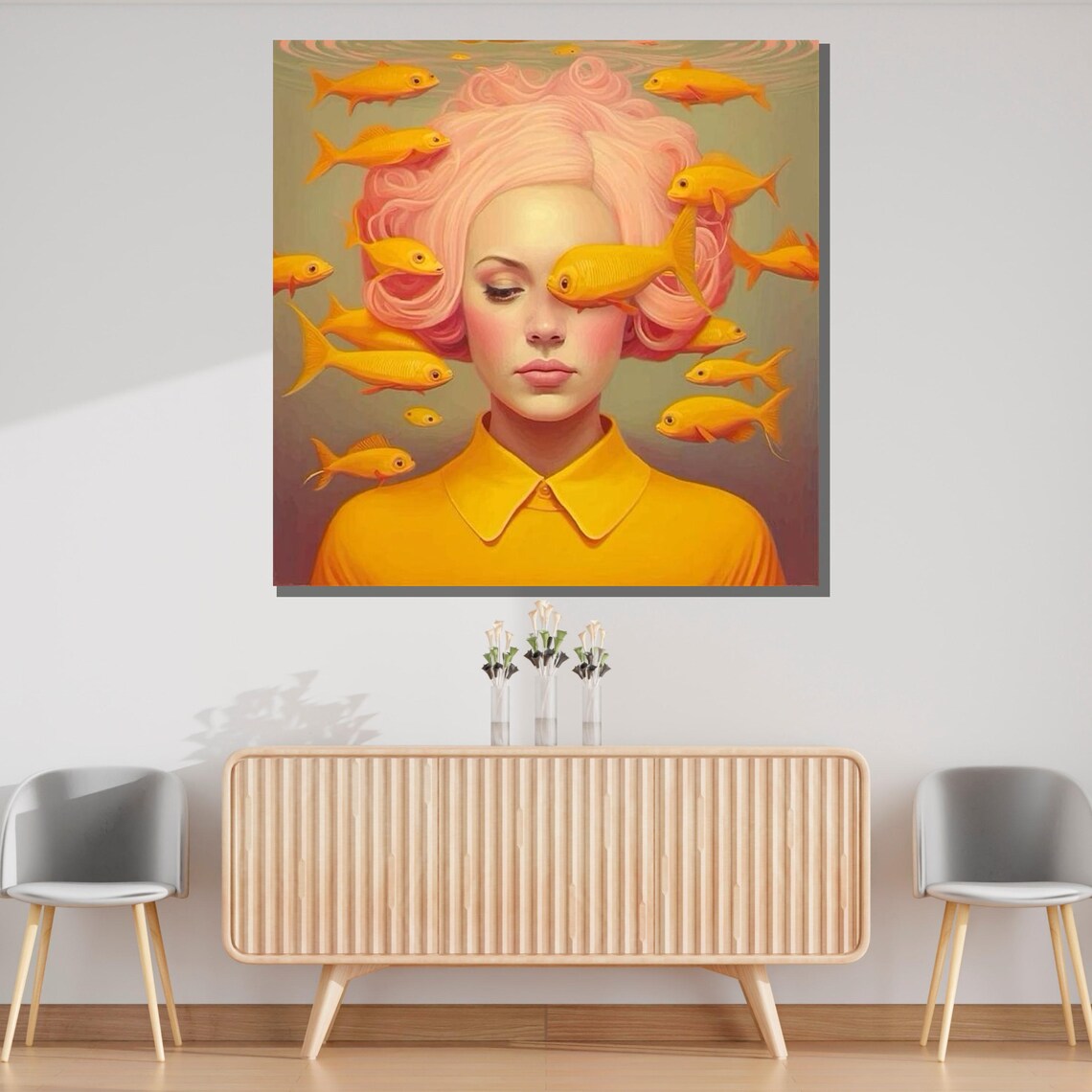 Surreal Goldfish Girl Portrait Whimsical Pink Hair Fantasy Wall Poster - Image 3
