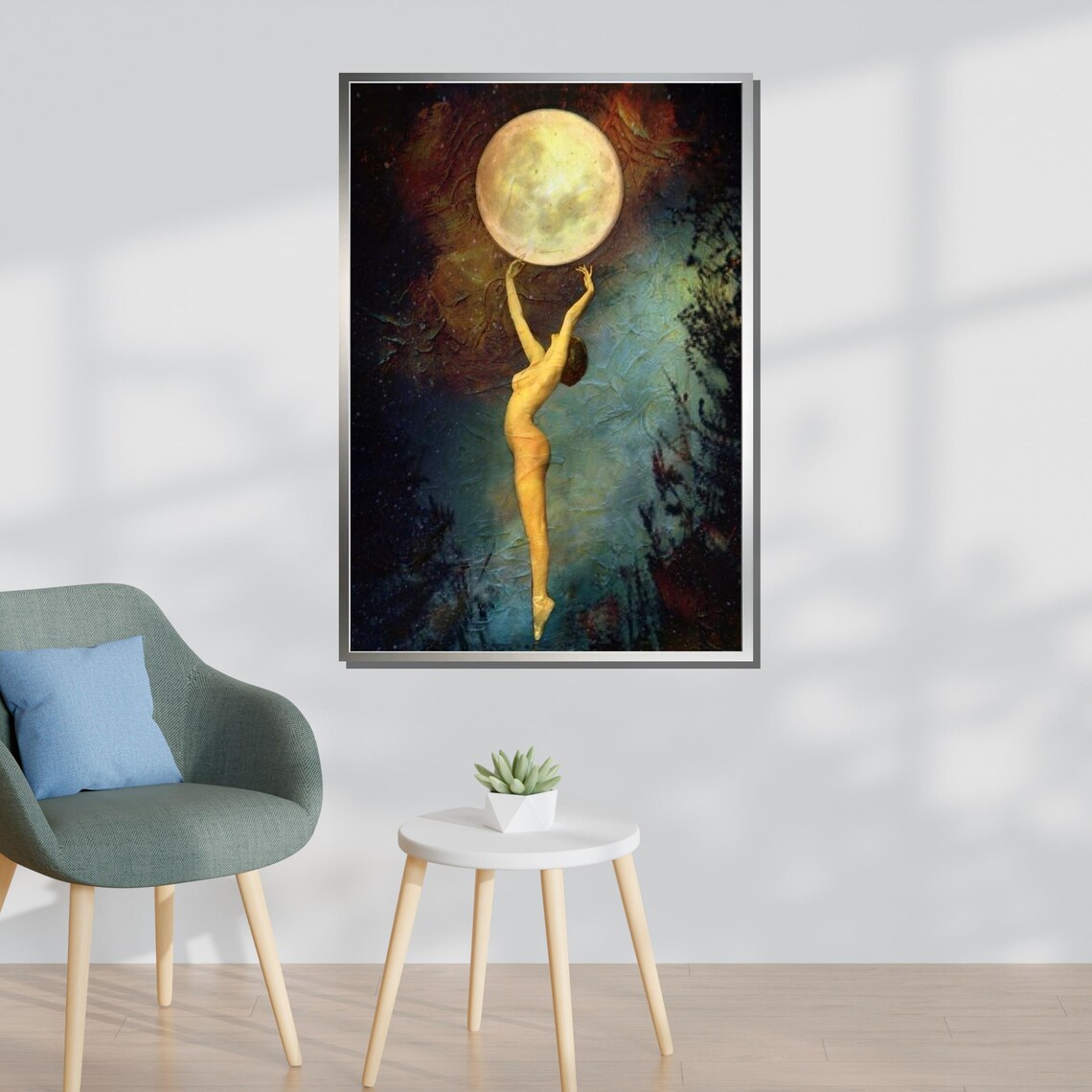 Ethereal Nude Dancer Reaching For Full Moon Night Sky Fantasy Art Poster - Image 3