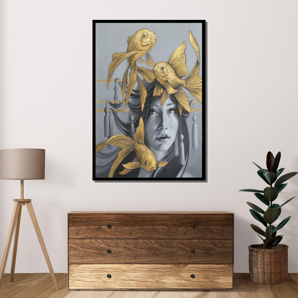 Golden Fish Dreamscape Art Surreal Portrait Wall Decor Ready To Hang - Image 4