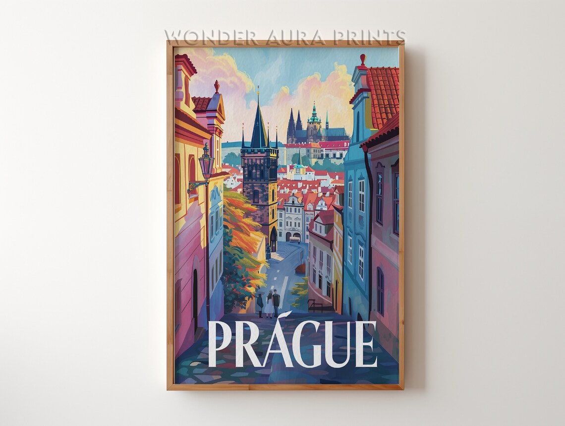 Prague Old Town Sunset Travel Poster Czech Republic Cityscape