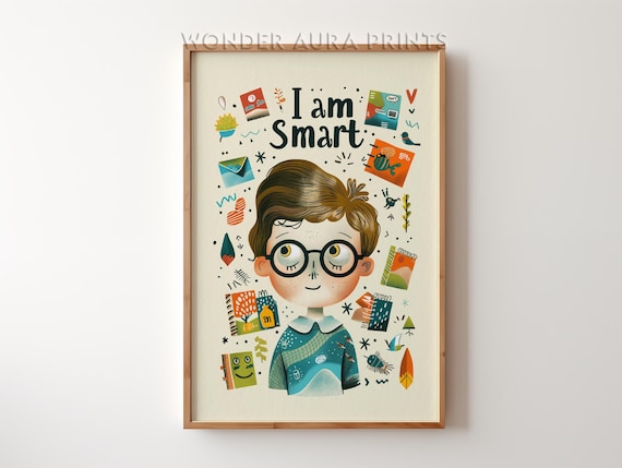 I Am Smart Cute Boy Glasses Kids Affirmation Playroom Poster