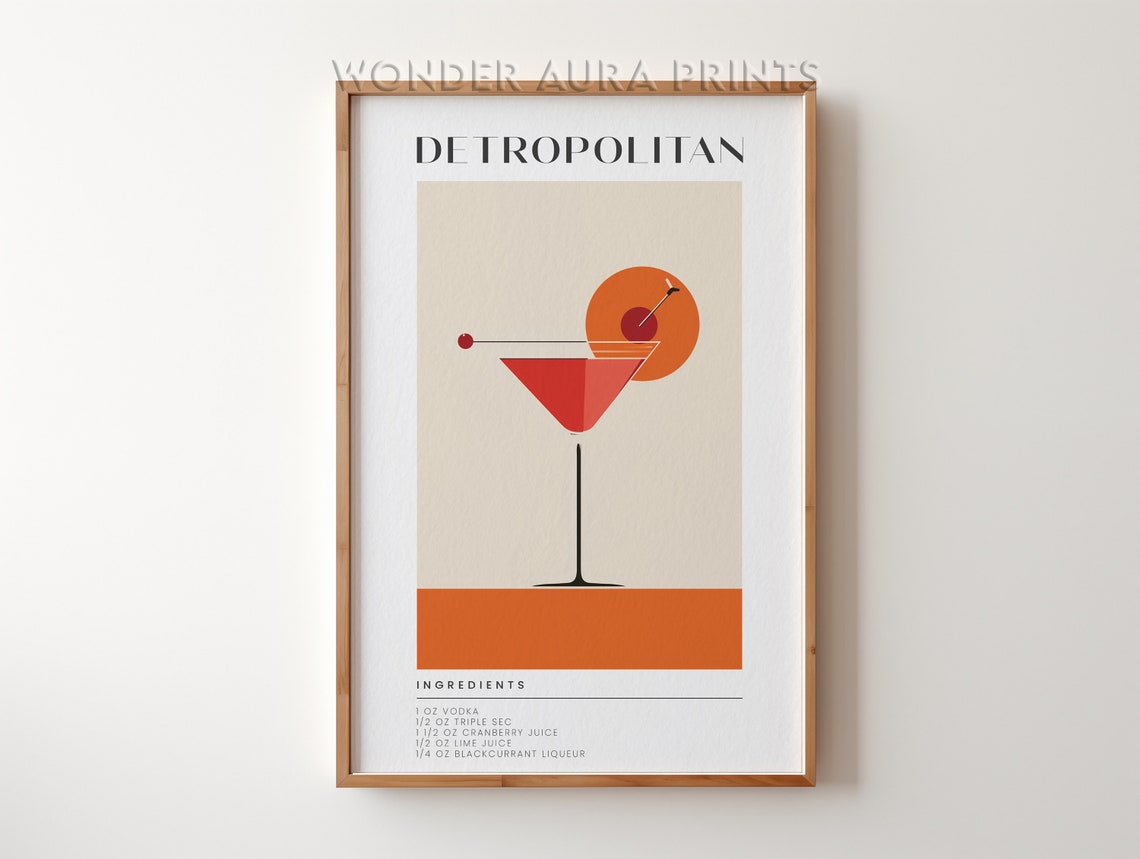 Detropolitan Cocktail Recipe Mid Century Modern Bar Art Poster