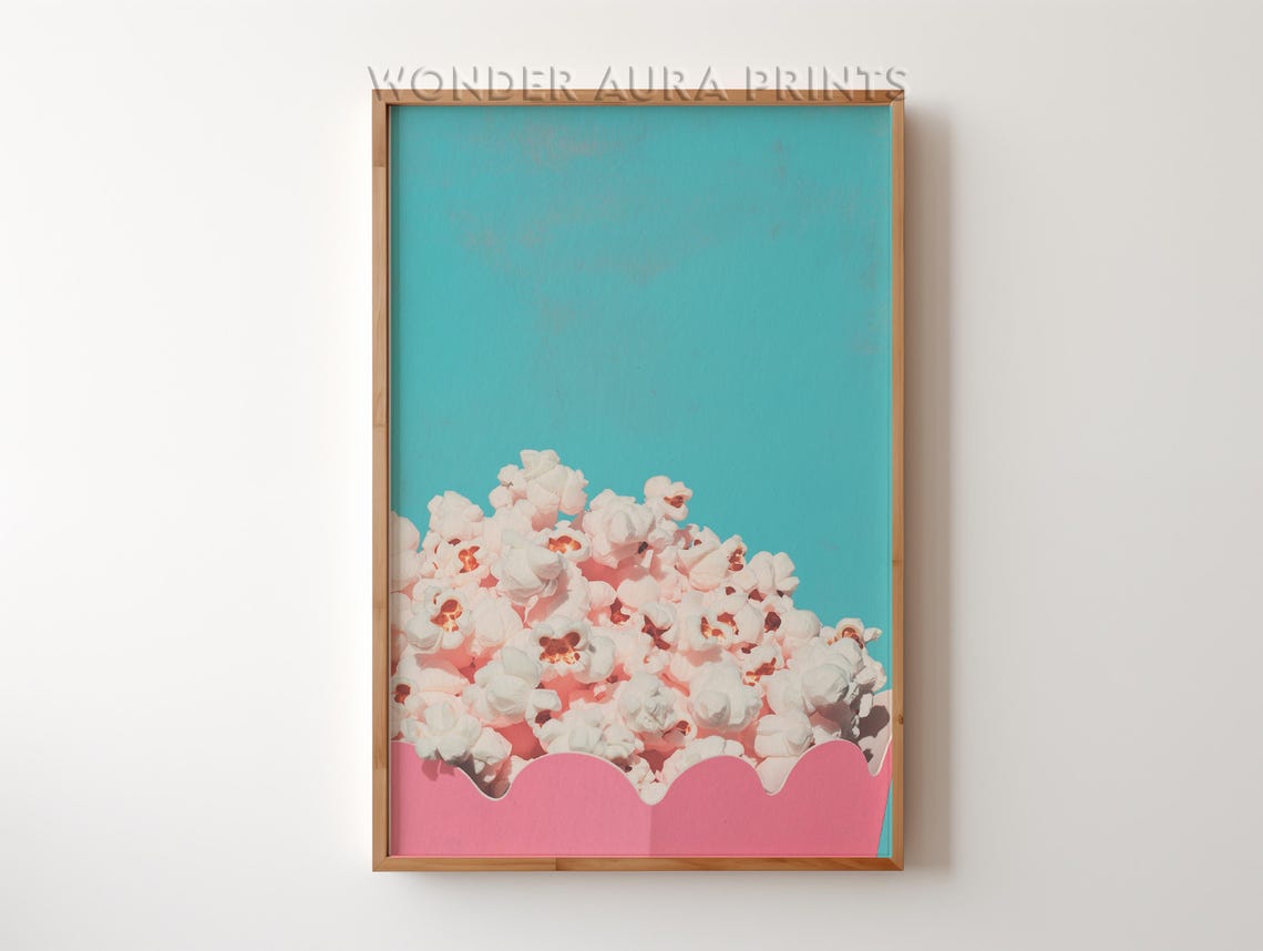 Pink Popcorn Bucket On Teal Retro Kitchen Snack Maximalist Wall Art