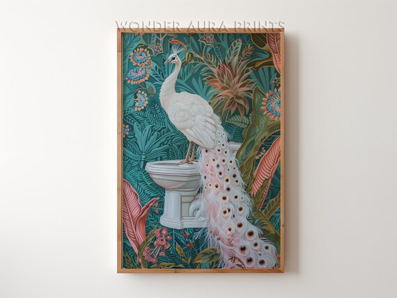 Funny Bathroom Art Albino Peacock Sitting On Toilet Dopamine Decor Maximalist Print Jungle Wall Wonder Aura Prints