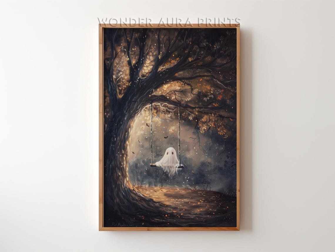 Spooky Ghost On A Swing Moody Autumn Night Haunted Tree Poster