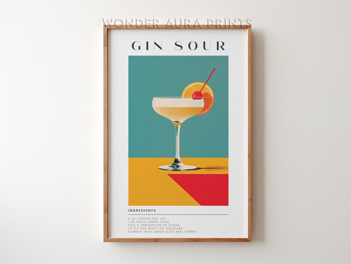 Gin Sour Classic Cocktail Recipe Retro Bar Cart Style Art Poster