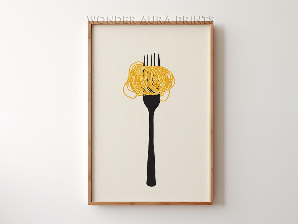 Spaghetti Fork Swirl Minimalist Yellow Black Kitchen Food Poster