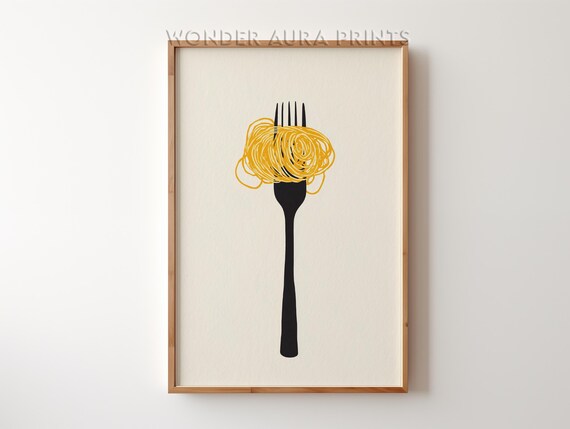 Spaghetti Fork Swirl Minimalist Yellow Black Kitchen Food Poster