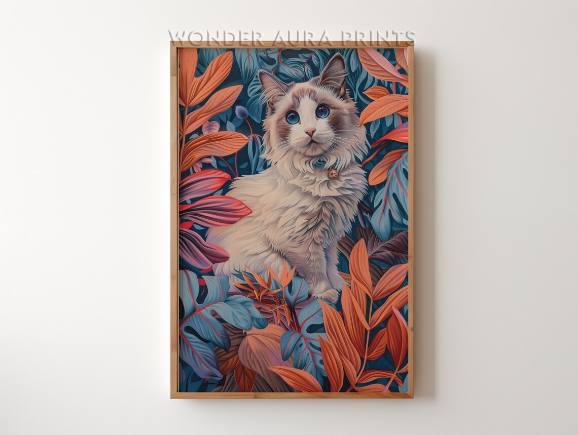 Fluffy Ragdoll Cat With Blue Eyes In Tropical Foliage Art Poster