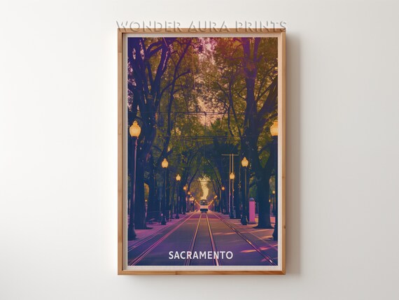 Sacramento Sunset Street Lined with Trees and Glowing Lamp Lights Poster