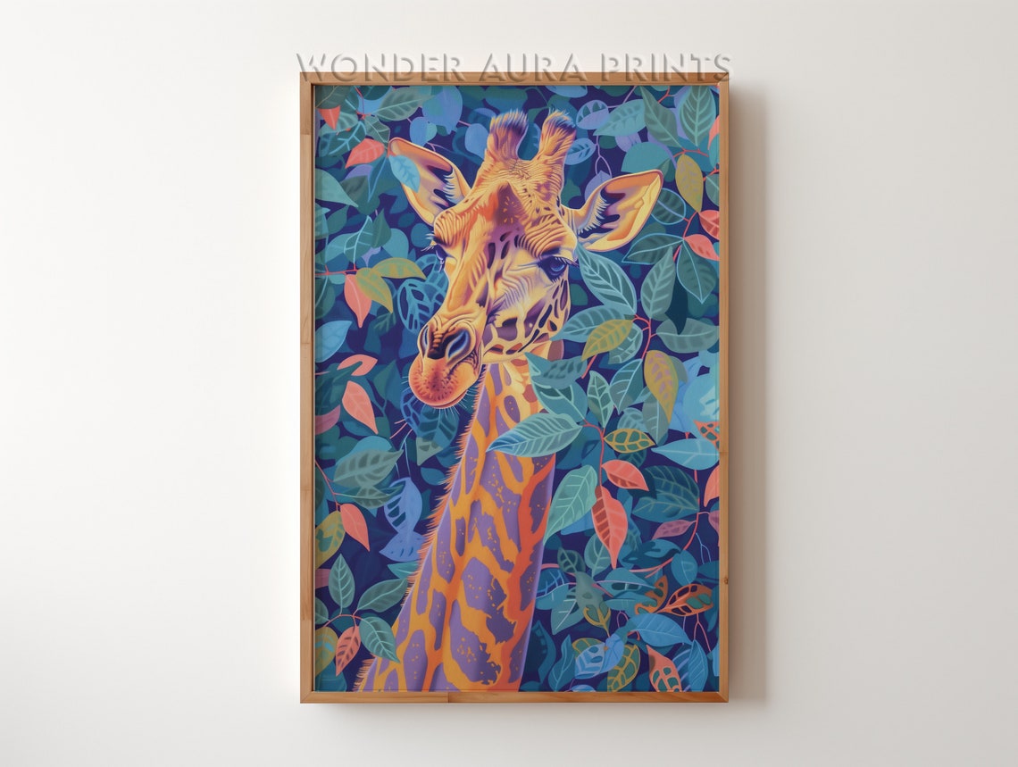 Colorful Giraffe in Tropical Jungle Leaves Maximalist Art Print