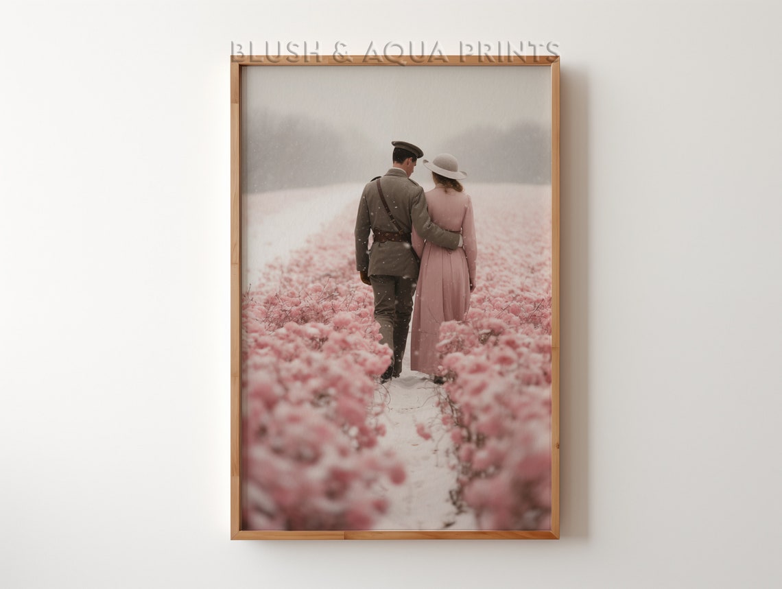 Vintage Couple Flower Field Romantic Walk Nostalgic Poster Home Decor