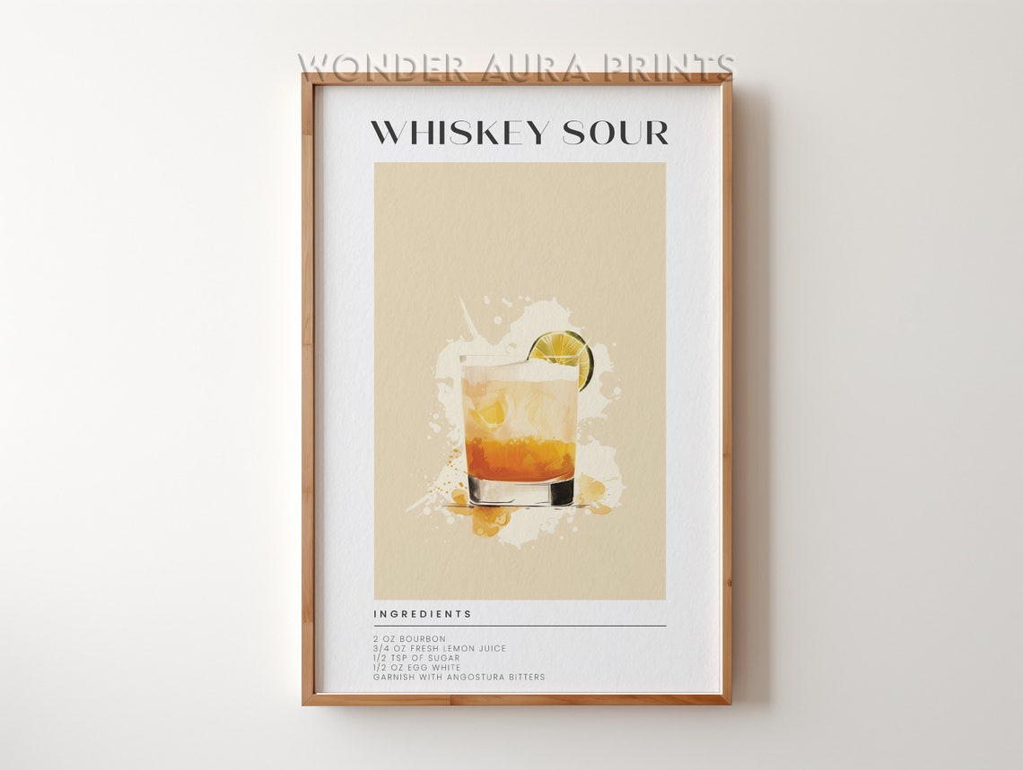 Classic Whiskey Sour Cocktail Recipe Watercolor Bar Art Poster